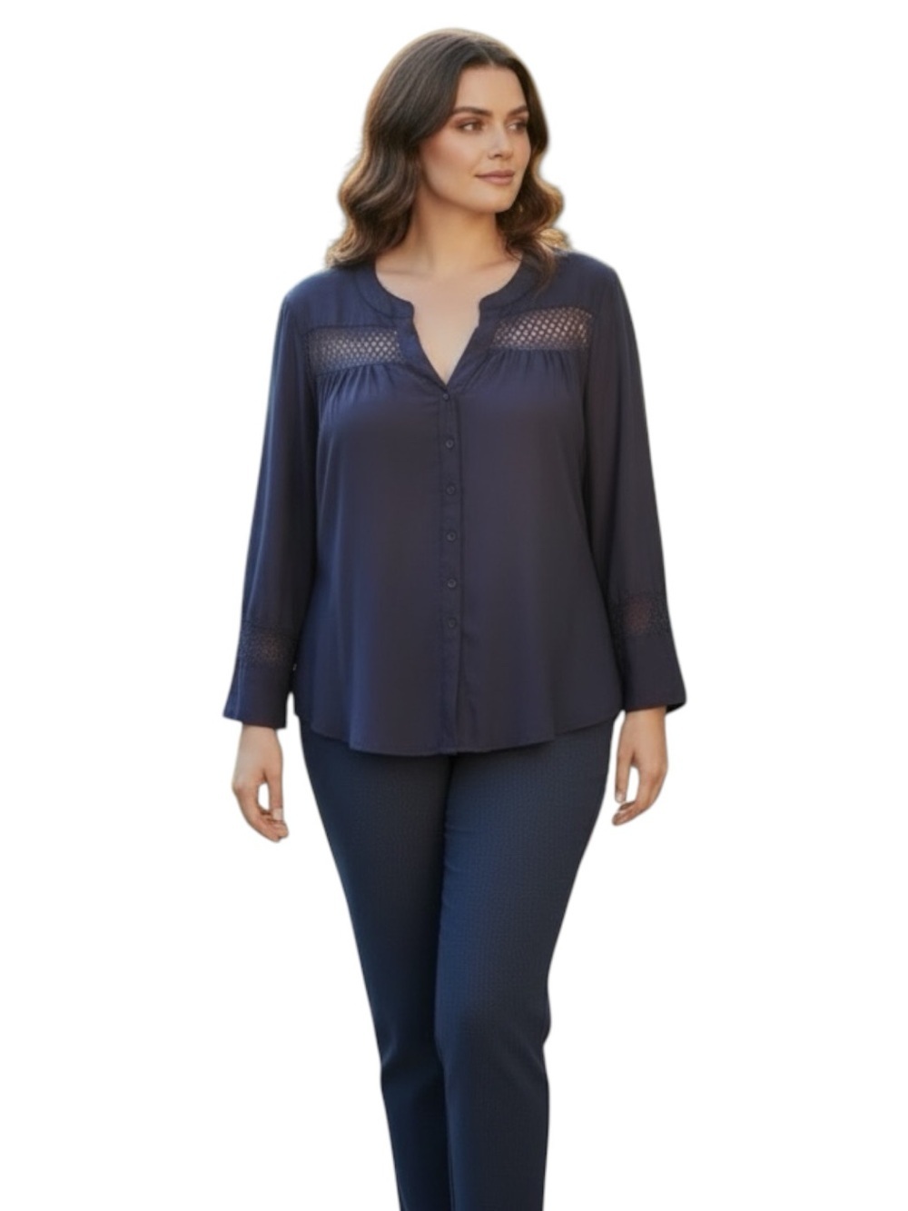 Lane Bryant Plus Size 26/28 4X Navy Blouse with Lace Accents